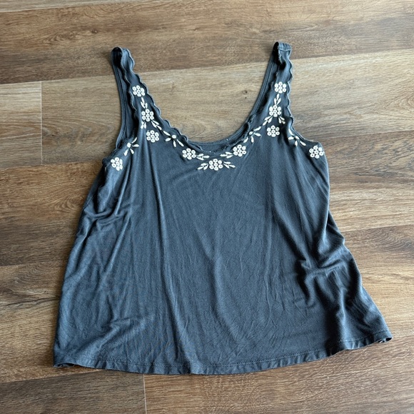 American Eagle Outfitters Charcoal Tank with White Embroidery - Picture 1 of 3